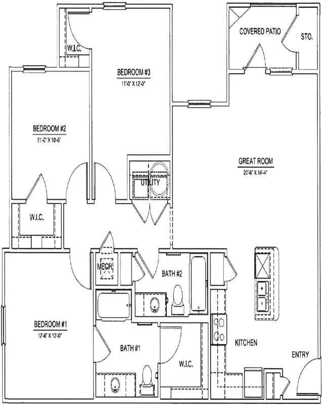 Plan C floor plan with 3 bedrooms, 2 bathrooms, and 1250 square feet